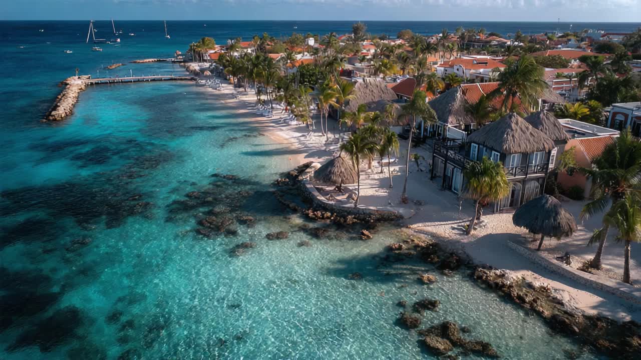 Vista aerea di una meravigliosa spiaggia tropicale con acqua cristallina, coste fiancheggiate da palme e vivaci case costiere sotto un cielo azzurro brillante