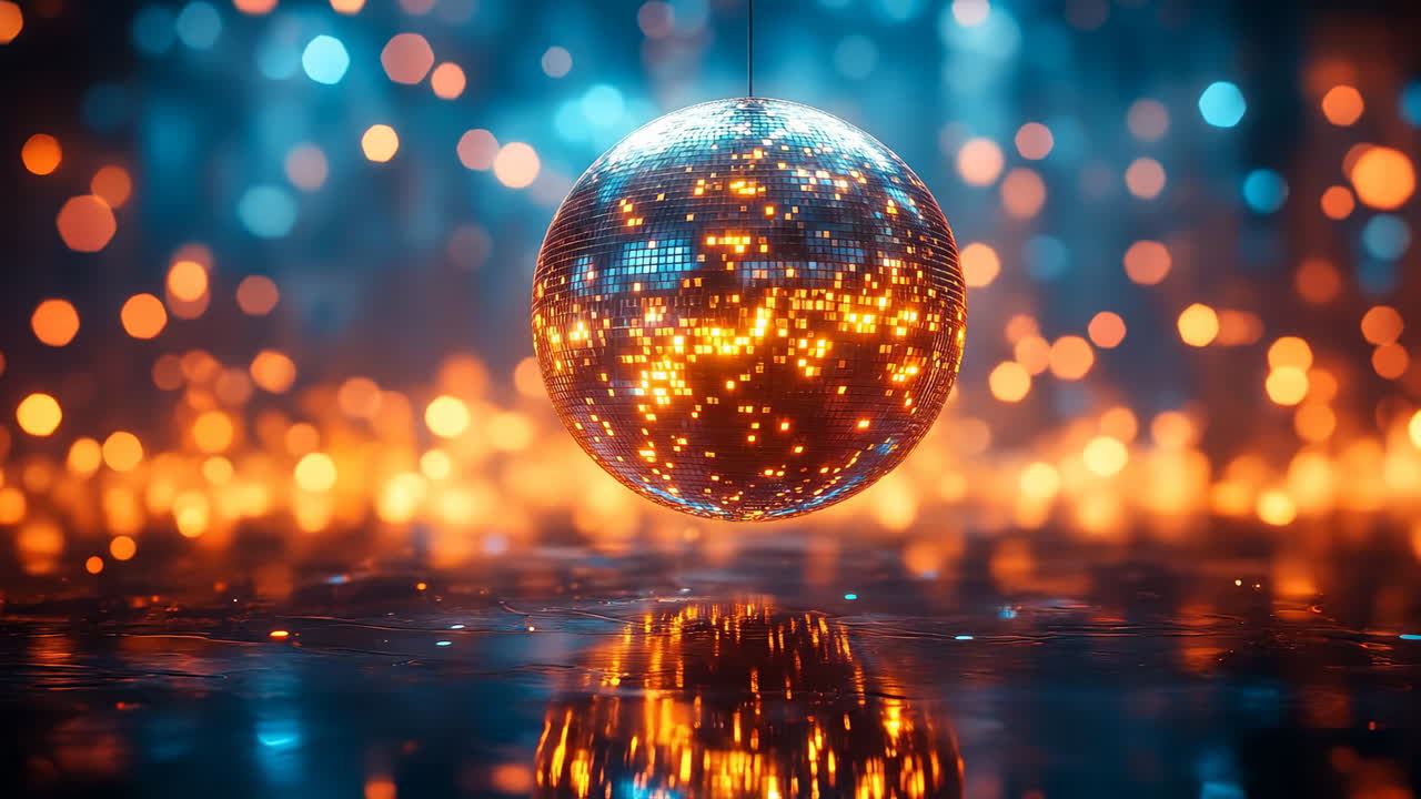 Sparkling disco ball lights. A stunning disco ball hangs in the air, casting colorful reflections on the ground below during a lively party setting