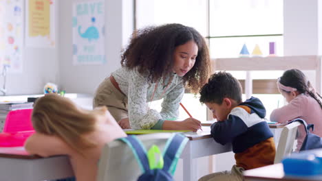 Ayuda,-Maestra-Y-Mujer-En-Un-Salón-De-Clases