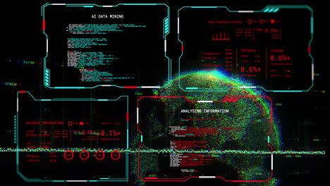 animación del procesamiento de datos digitales y globo sobre fondo negro