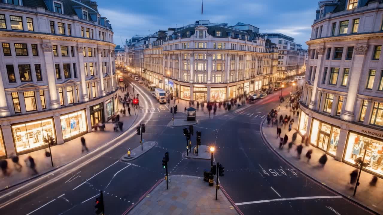 Busy City Intersection at Dusk with Light Trails