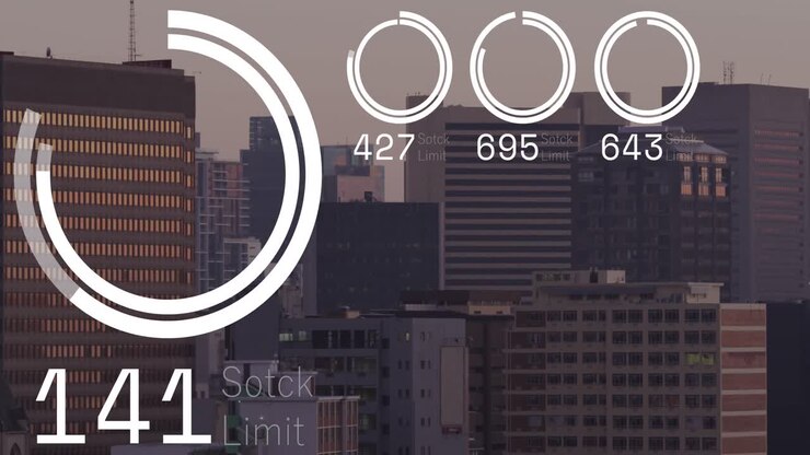 Animation of financial data processing over cityscape