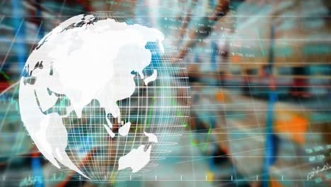 animation of globe and financial data processing over warehouse