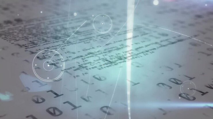 Animation of binary coding and data processing over glowing network of connections