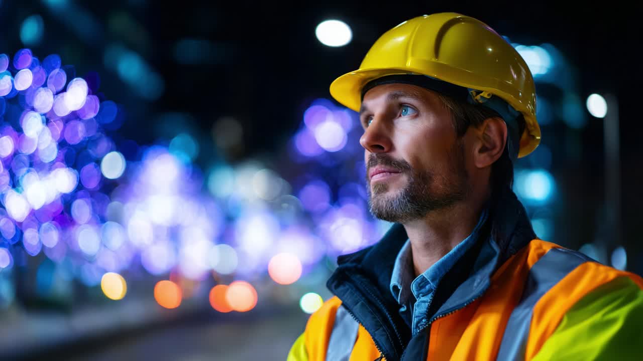 Un operaio edile osserva il paesaggio notturno della città illuminato da luci colorate mentre indossa dispositivi di sicurezza e un cappello, riflettendo sulle proprie responsabilità