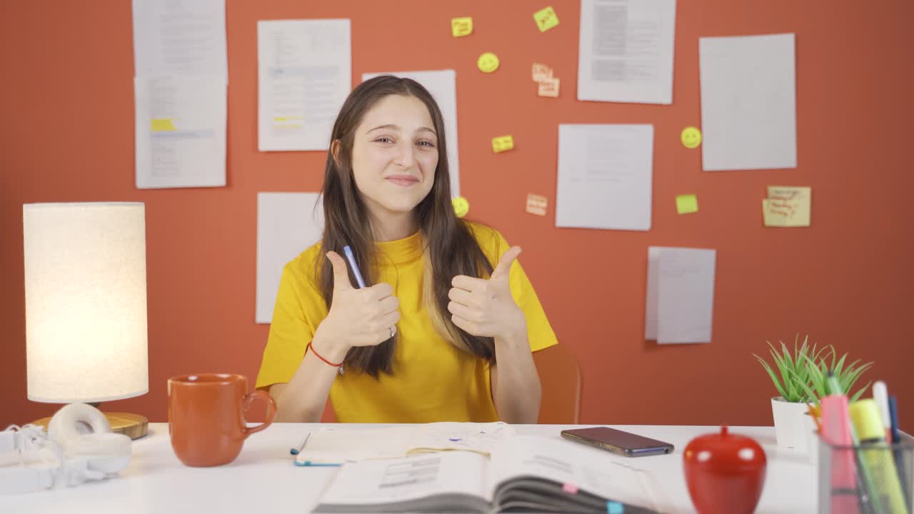 una niña feliz y satisfecha mira a la cámara con una expresión de gesto positiva.