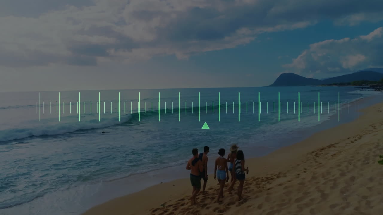 Group of people walking on beach with sound wave animation over ocean