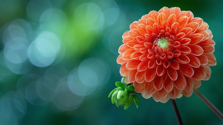A Stunning Orange Dahlia Bloom Captured in Gorgeous Detail with Soft Bokeh Background, Showcasing Nature's Intricate Patterns and Vibrant Colors in a Serene Environment