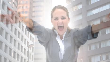 Animation-of-caucasian-businesswoman-with-arms-outstretched-over-cityscape