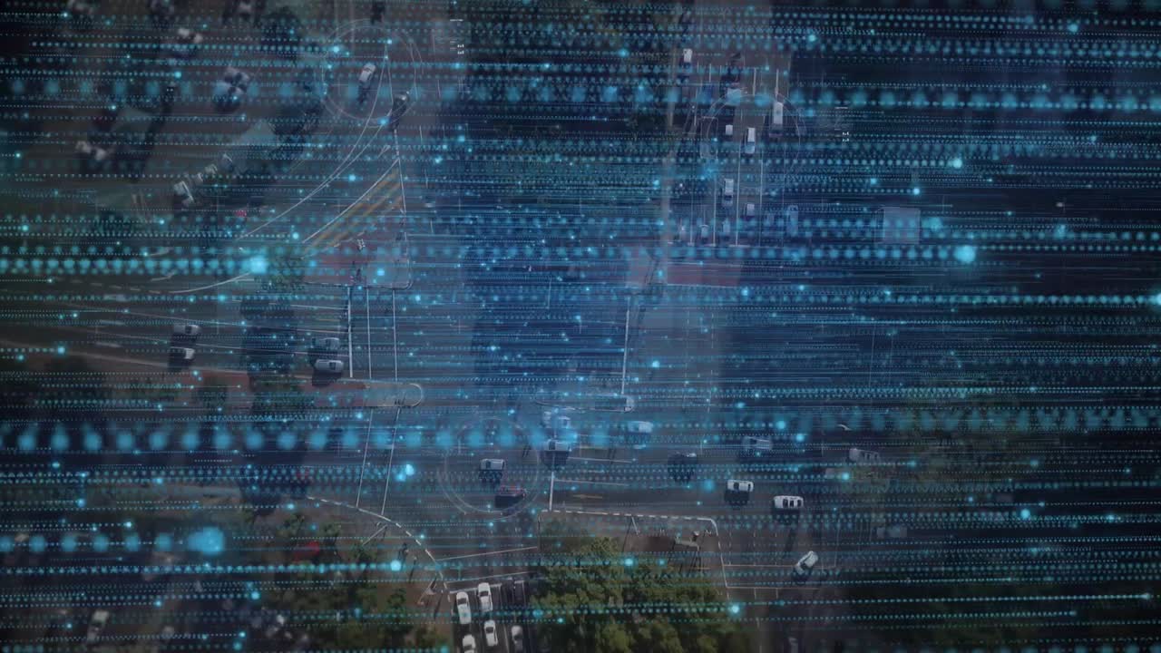 Animation of shapes and spots over cityscape