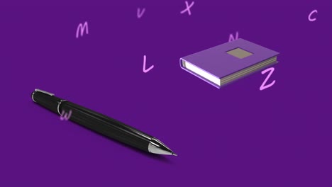 animación de libro y pluma sobre letras en fondo púrpura