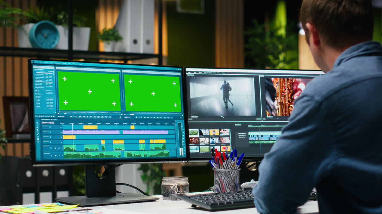 Green screen next to videographer cutting and editing video footage