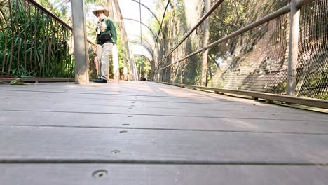 person walking through zoo's birdcage exhibit