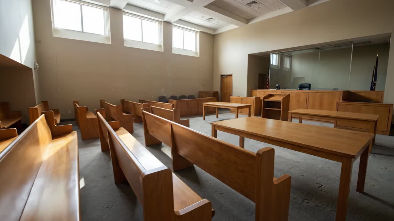 Empty Courtroom Interior with Judge's Bench and Jury Box