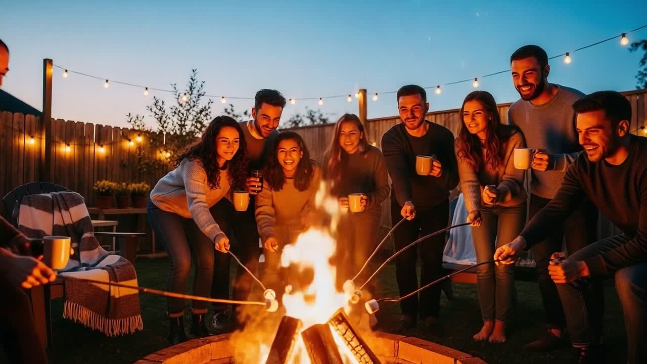 Un vivace raduno attorno a un accogliente falò: amici che gustano marshmallow insieme in una notte stellata, condividendo risate e calore nel cortile di casa