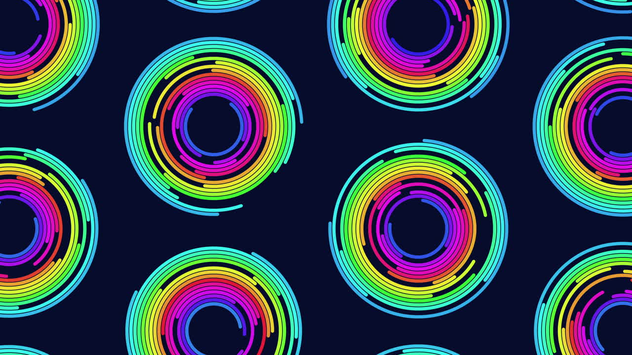 patrón de círculos futuristas en espiral de colores en degradado oscuro