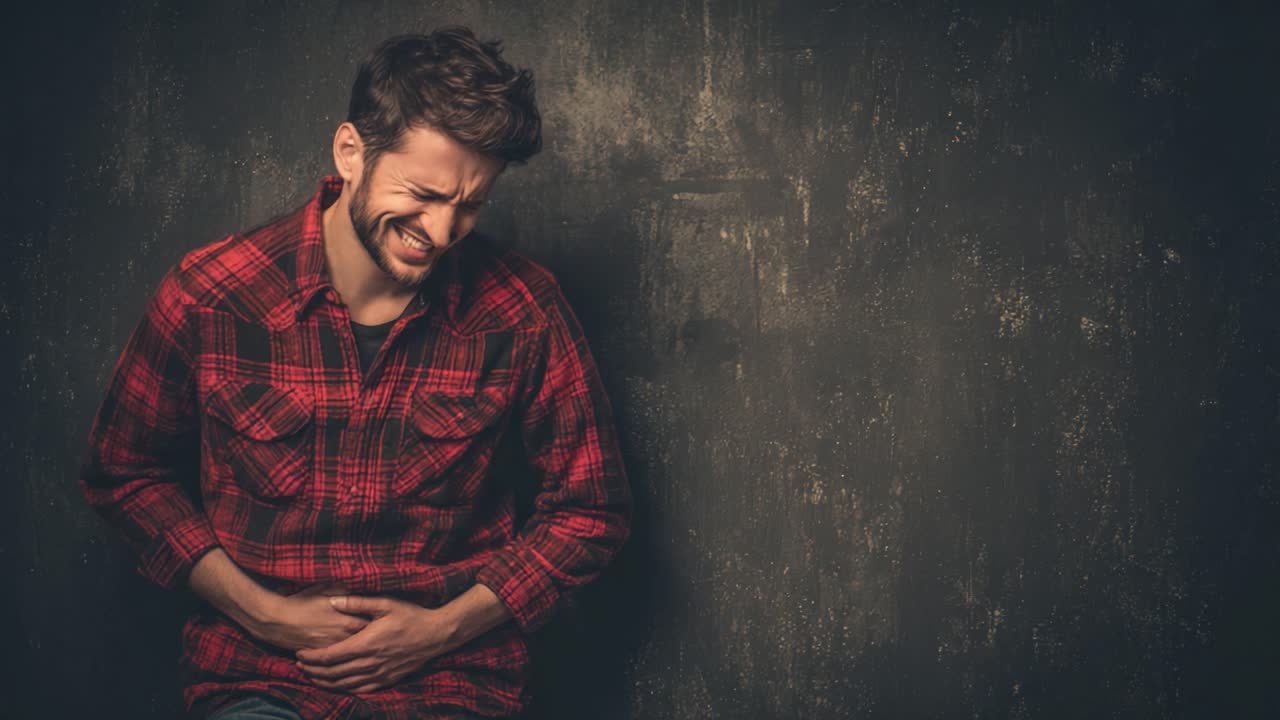 A man expresses discomfort while clutching his stomach, showing signs of pain or distress in contrasting emotional states against a dark backdrop