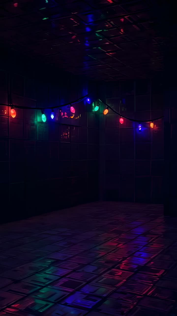 Vertical video: Glowing multicolor lights making glow on tile floor and lighting dim wood wall