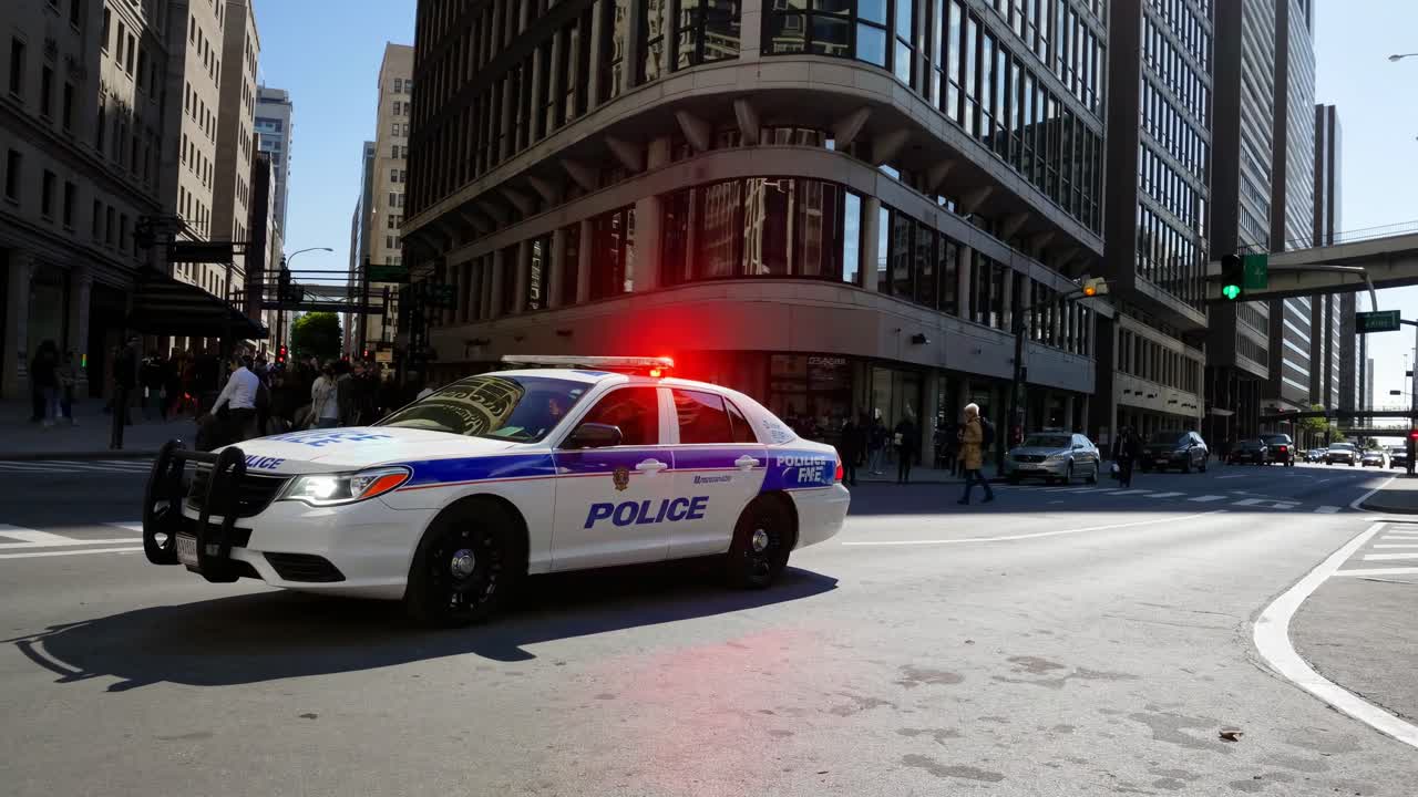 Imagem estática de vídeo em ângulo baixo de uma viatura policial passando por um movimentado cruzamento urbano.