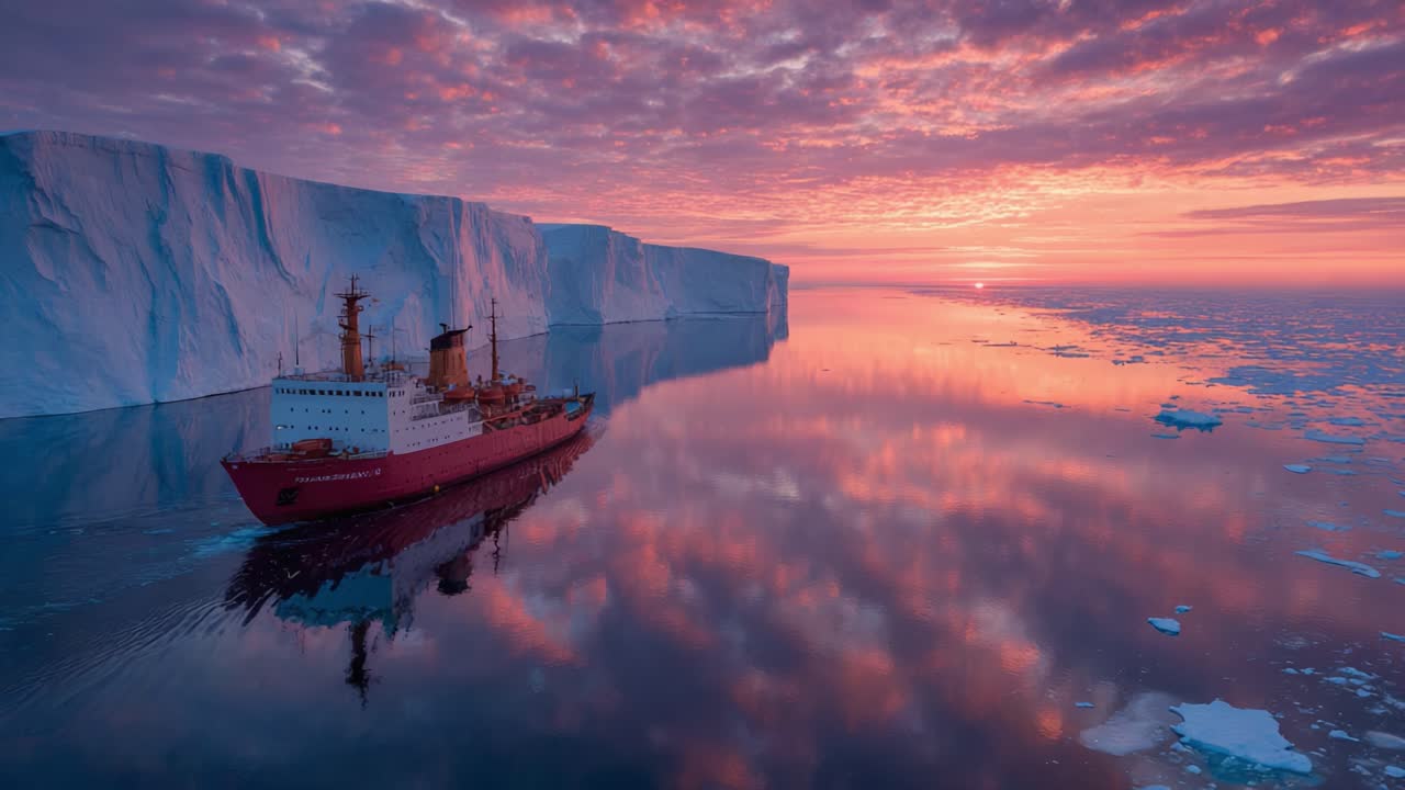 A Majestic Icebreaker Ship Navigates Through Tranquil Waters at Dawn, Surrounded by Towering Icebergs and a Stunning Multicolored Sky Reflecting on the Surface