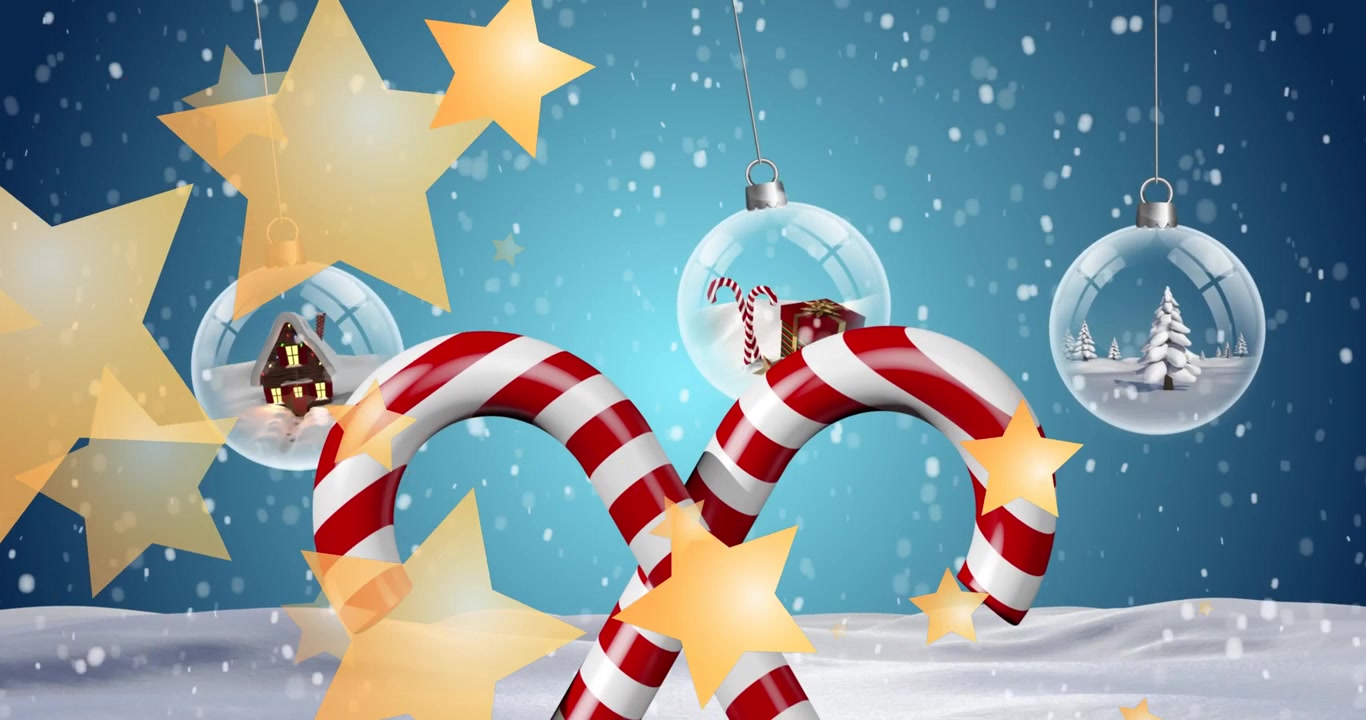 Animation of snow falling and stars over baubles and candy canes on blue background
