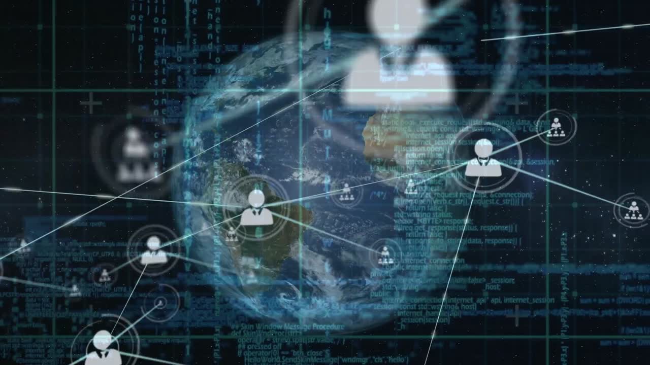 animación de la red de conexiones con iconos sobre el globo y la cuadrícula