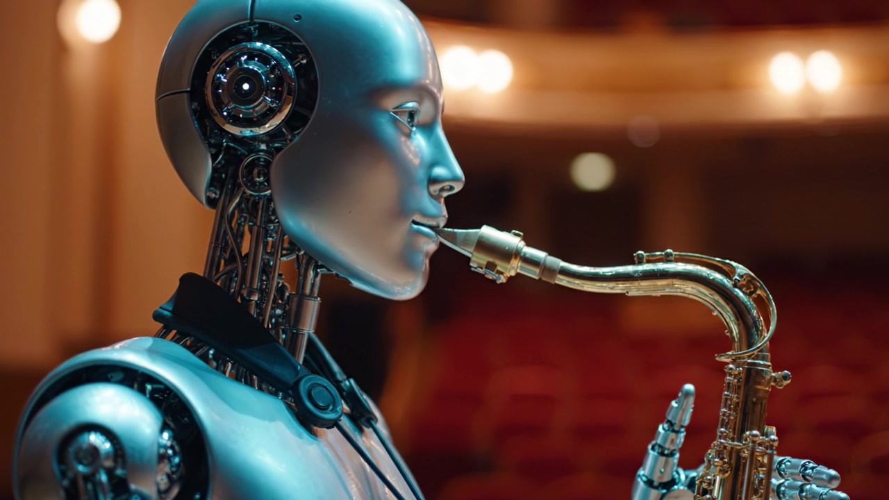 Un robot umanoide futuristico che suona con passione il sassofono su un palco, mostrando la convergenza di tecnologia e musica in un contesto di performance artistica.
