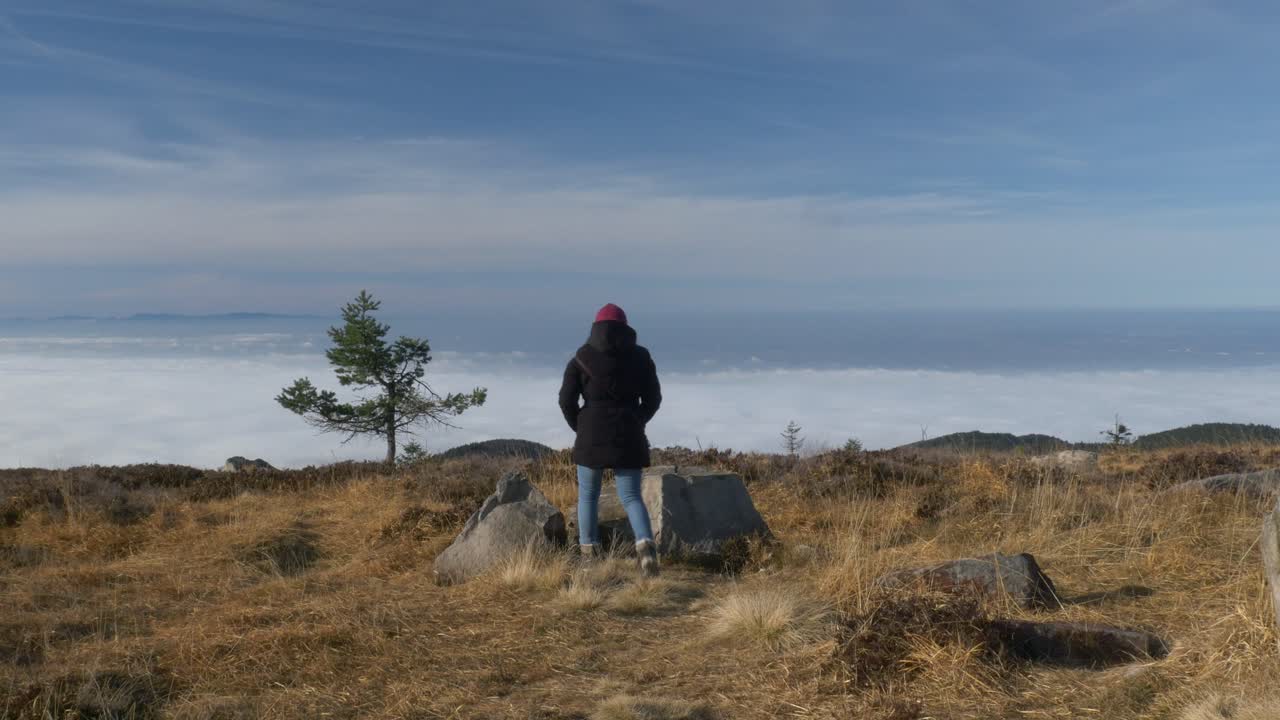 Escursionista donna che osserva un paesaggio coperto di nebbia da Hornisgrinde, vicino al lago Mummelsee, nella Foresta Nera, Germania.