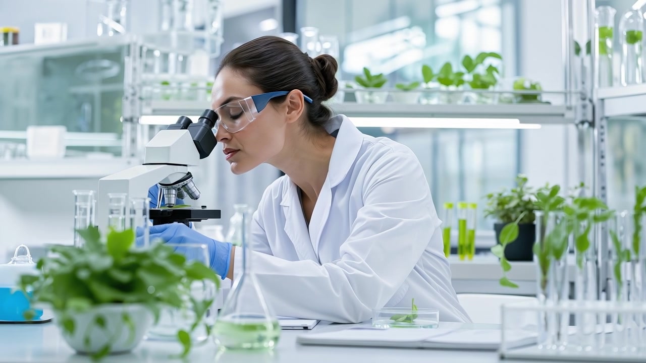 Female scientist in white lab coat examining green plant sprouts in laboratory
