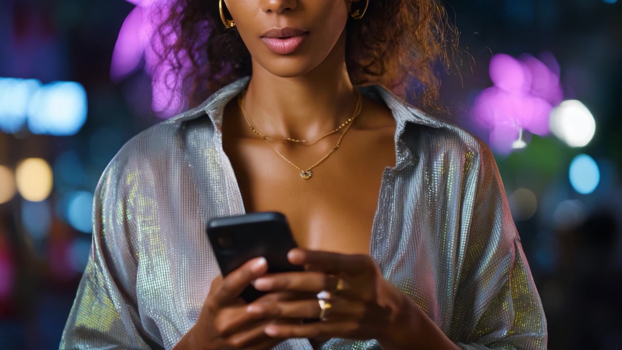 Momenti Accattivanti: Una Donna Impegnata con il Suo Smartphone, Circondata da Luci Vibranti in un Contesto Urbano Notturno, Sottolineando la Connettività Moderna e il Glamour
