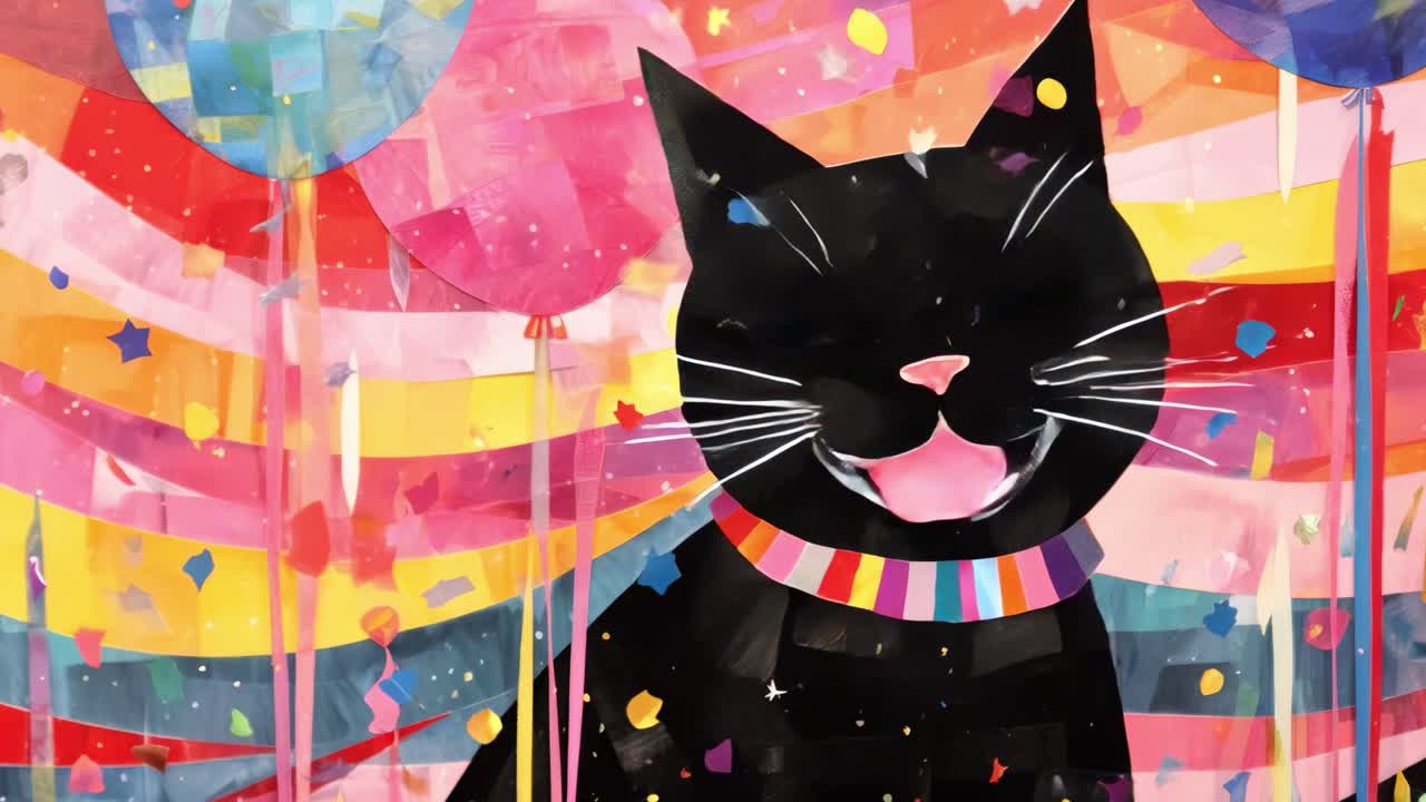 Ilustrasi penuh warna dan unik dari kucing hitam dengan balon, dilihat dari sudut depan
