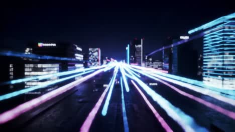 dynamic light trails in a futuristic cityscape: a stunning visual progression of colorful light streams representing speed and energy in urban environments