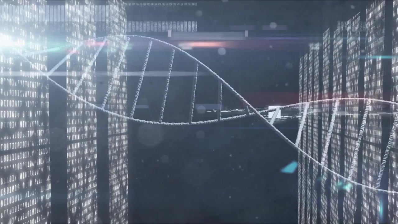 DNA helix entering left edge of data corridor, oscillating, rotating, pulsing UI and showing data