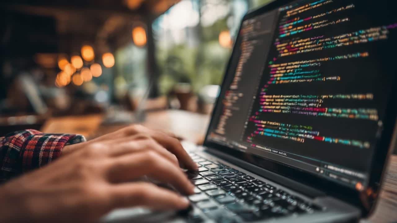 A close-up view of hands typing on a laptop in a cozy environment, showcasing colorful code on the screen, highlighting the art of programming and digital creation