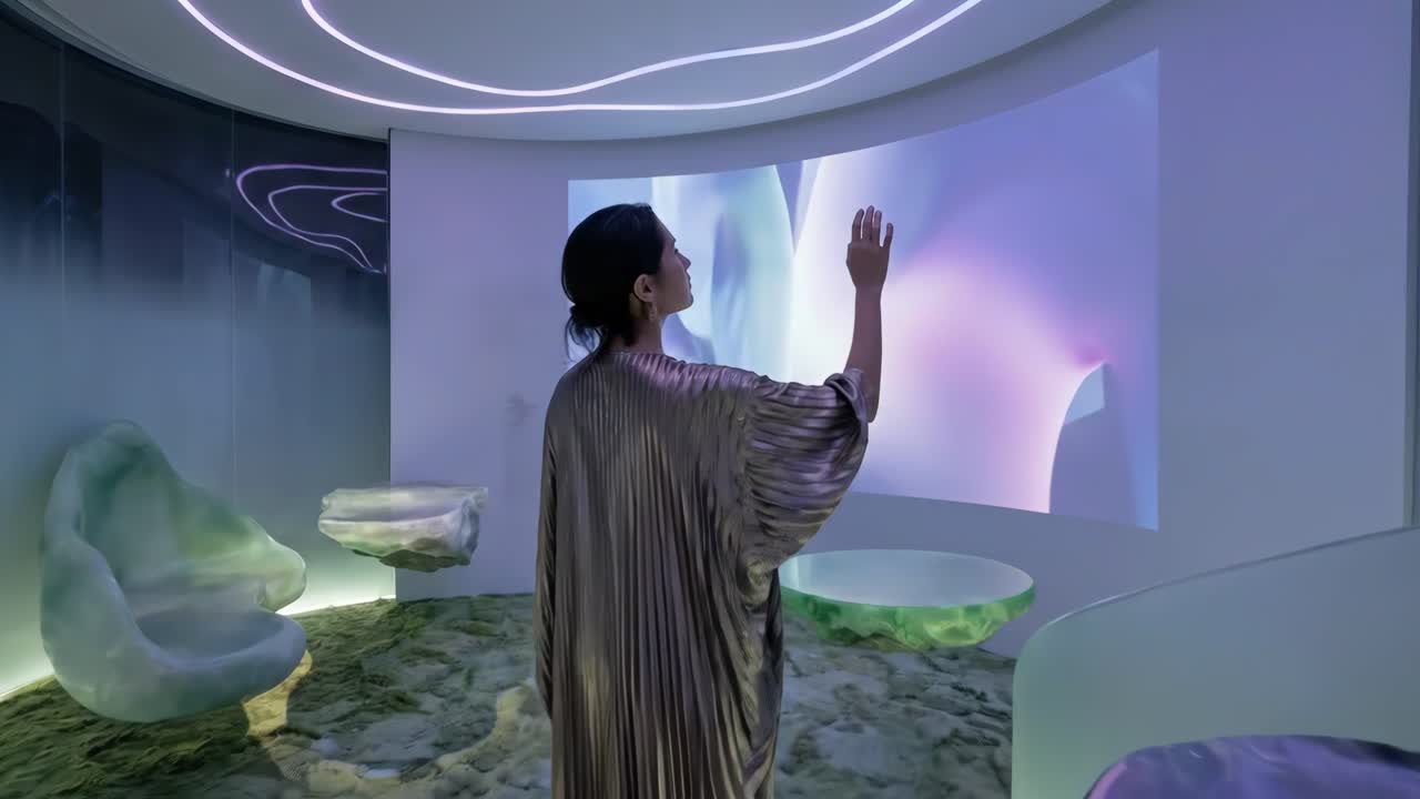 Kvinde med futuristisk digital kunstprojektion i fordybende udstilling