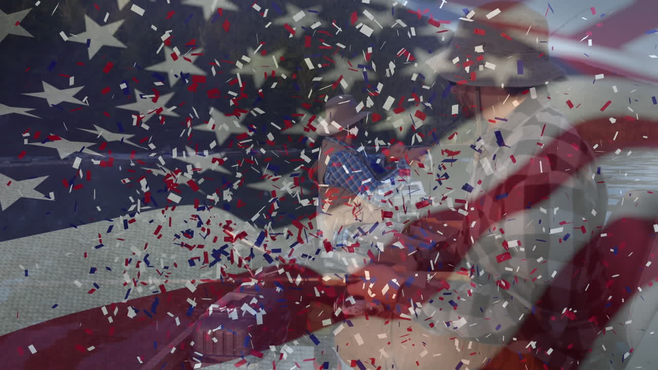 Animation of American flag waving over man in the background