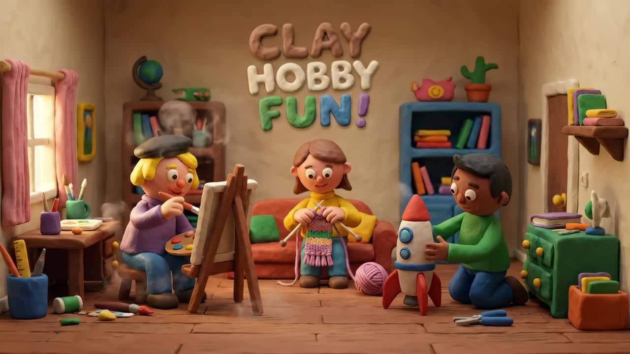 Personaggi in claymation che si dedicano ai loro hobby in una stanza allegra