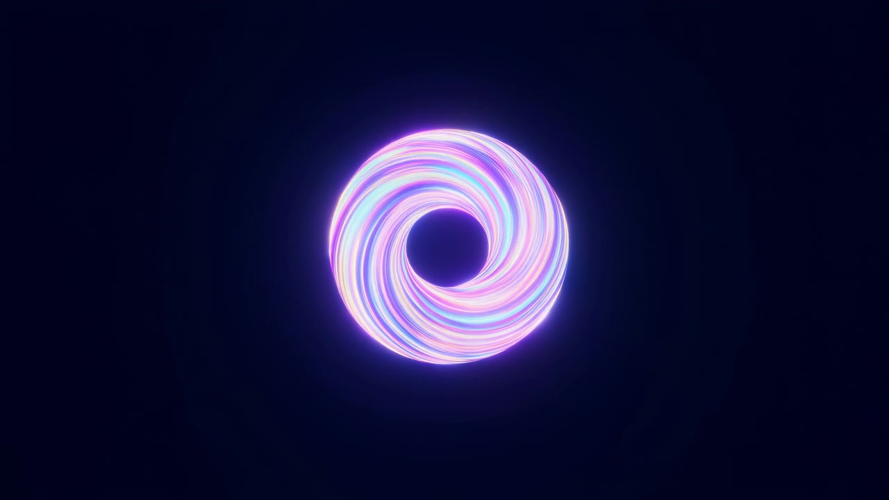 Toro luminoso di nastri concentrici e incandescenti, posizionato leggermente sotto la linea mediana verticale e centrato, su uno sfondo blu scuro intenso, con dettagli di toro, anello, bagliore al neon, che mostrano colori pastello, sfumature, nastri e aloni.