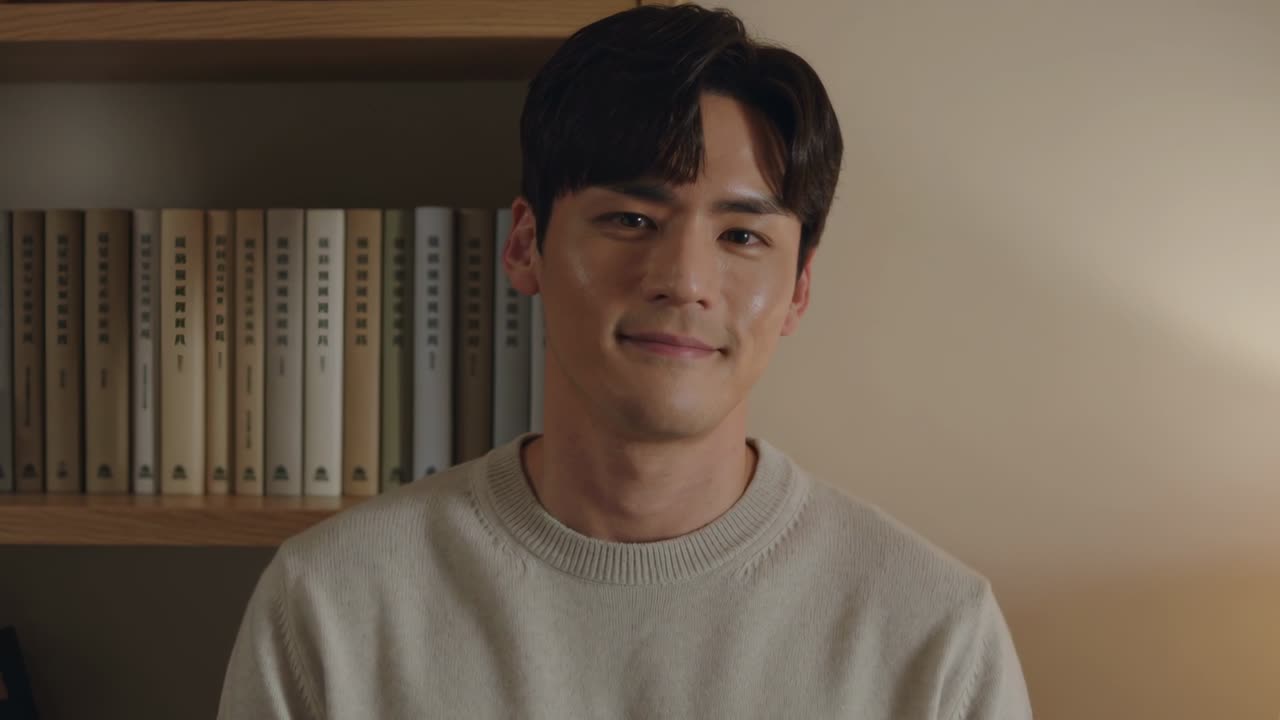 มองกล้อง ชายชาวเอเชียสวมเสื้อคอกลมยิ้มเล็กน้อยและพยักหน้าอยู่ที่บ้าน พร้อมโคมไฟบนชั้นวาง