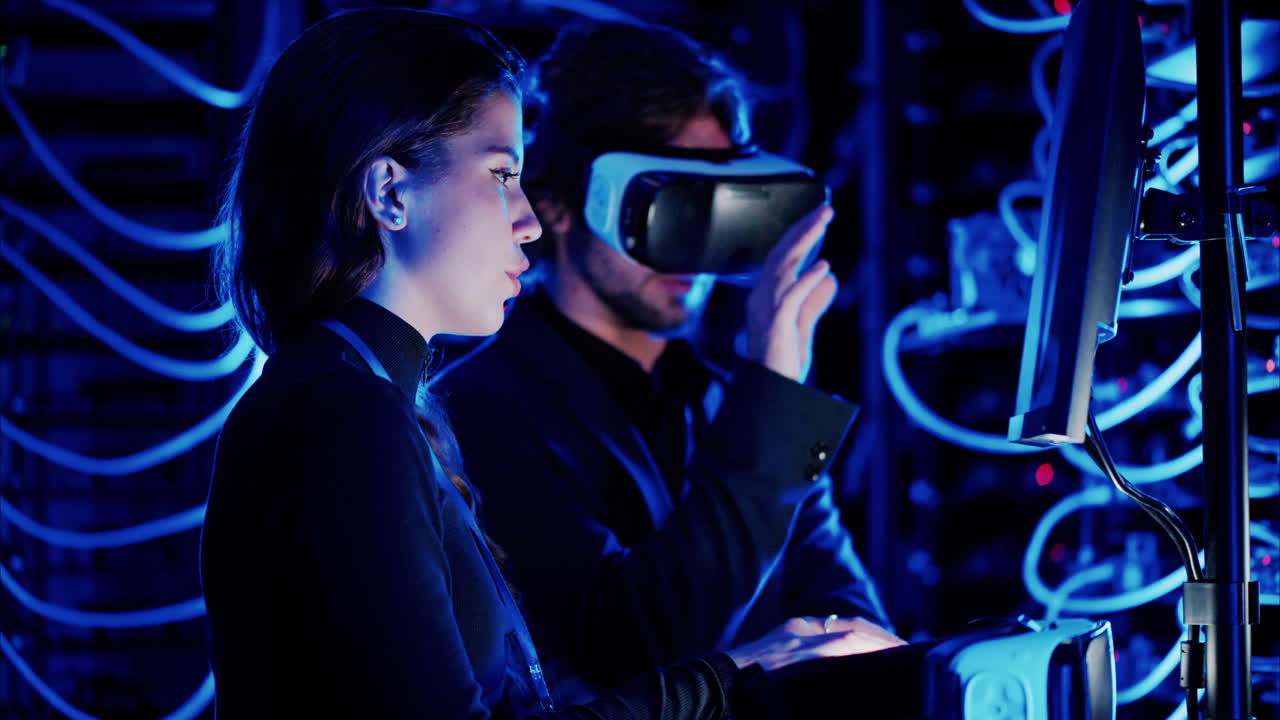 Woman programming in a server room while a man is using a Virtual Reality headset