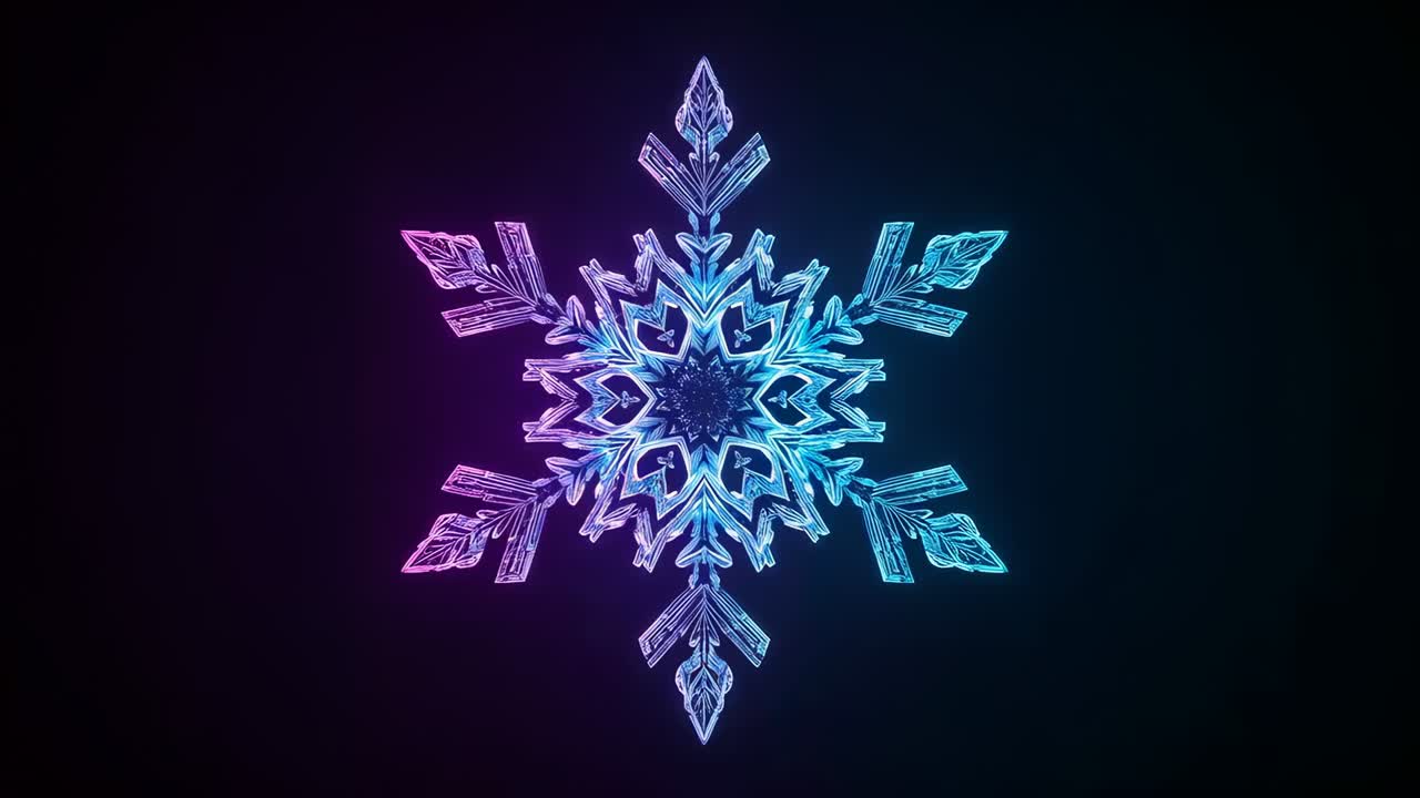 Framesekvens starter, neon mandala med krystalkerner udvides på mørk gradient og danner en løkke
