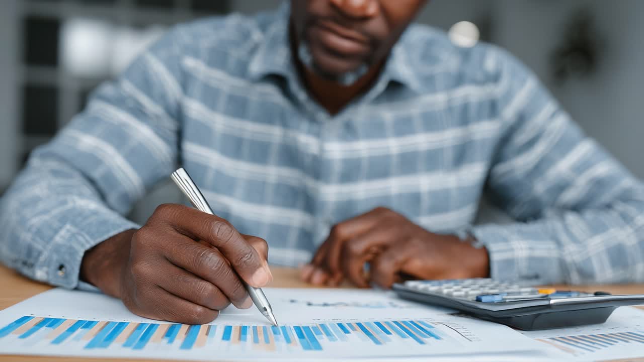 En fokuseret person analyserer finansielle data, mens vedkommende skriver med en pen på et diagram, ledsaget af en lommeregner, hvilket udtrykker vigtigheden af præcision i finansielle opgaver