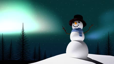 Animation-of-winter-scenery-with-snowman-at-christmas-over-aurora