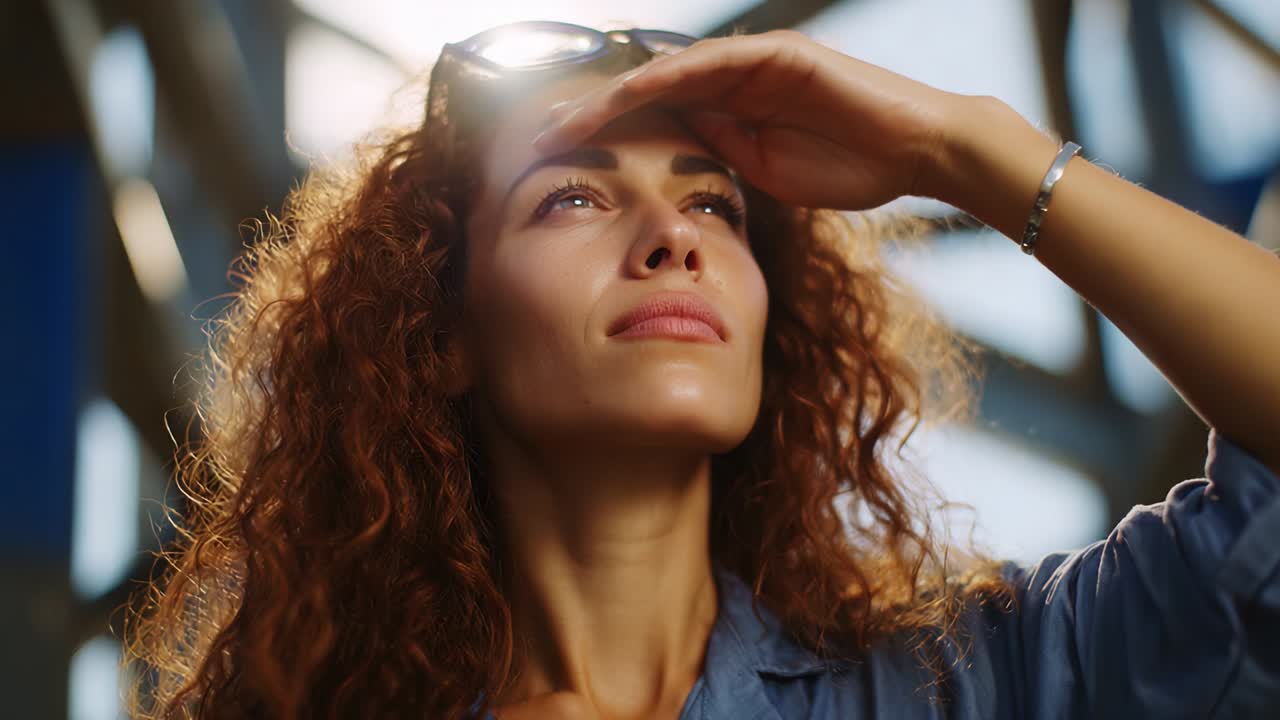 A thoughtful woman gazing into the distance, shielding her eyes from bright sunlight, embodying the spirit of contemplation and resilience as she navigates her surroundings with grace and confidence