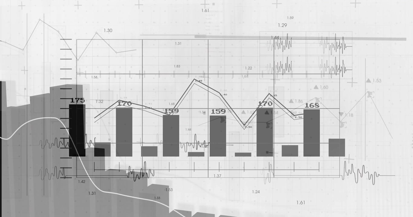 On data update chart animating bars rising, lines shifting, stepped fill sliding to show trend