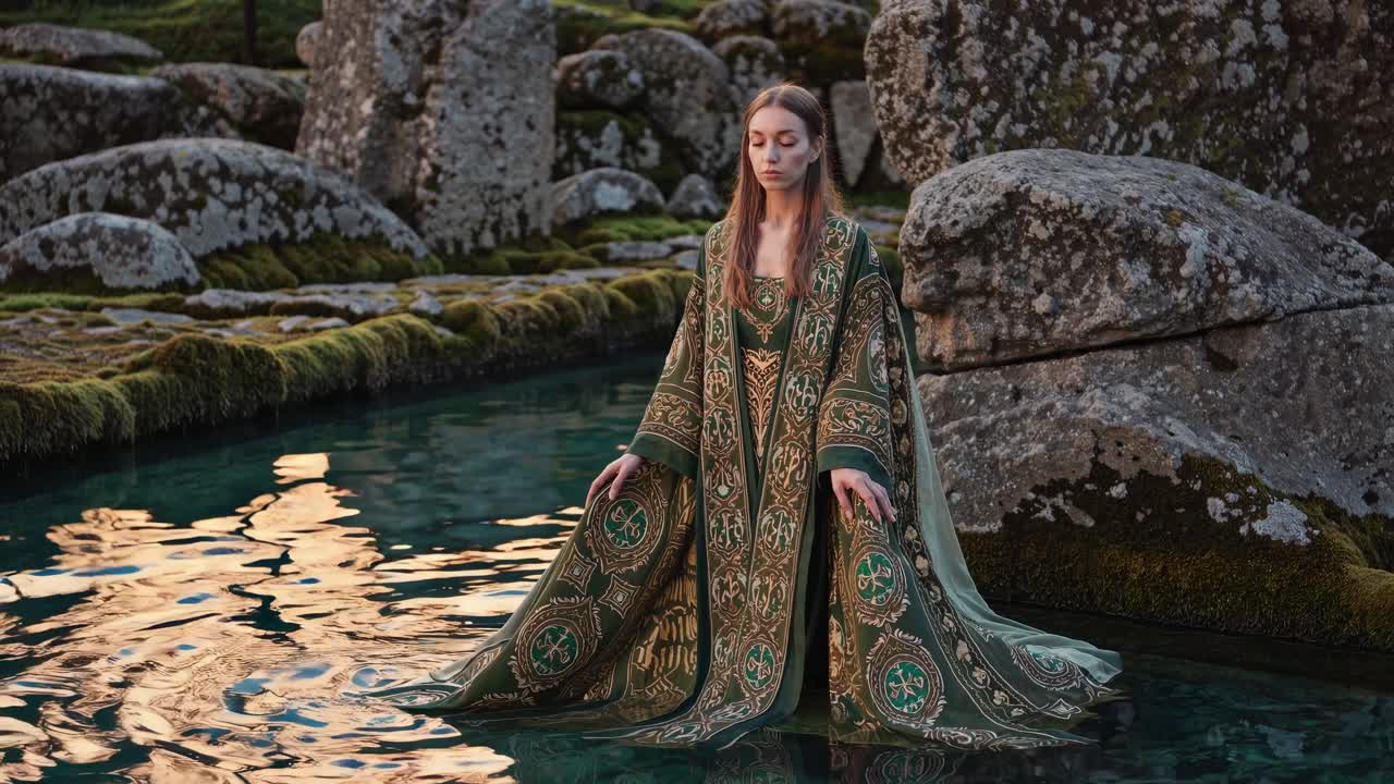 Enigmatic figure in ornate green robe meditates by tranquil water, surrounded by moss-covered stones, capturing a serene moment of reflection and harmony