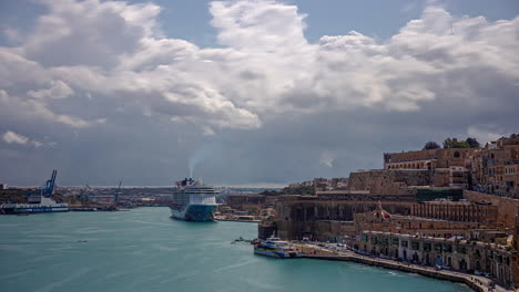 valletta downtown and massive cruise ship preparing to leave, time lapse view