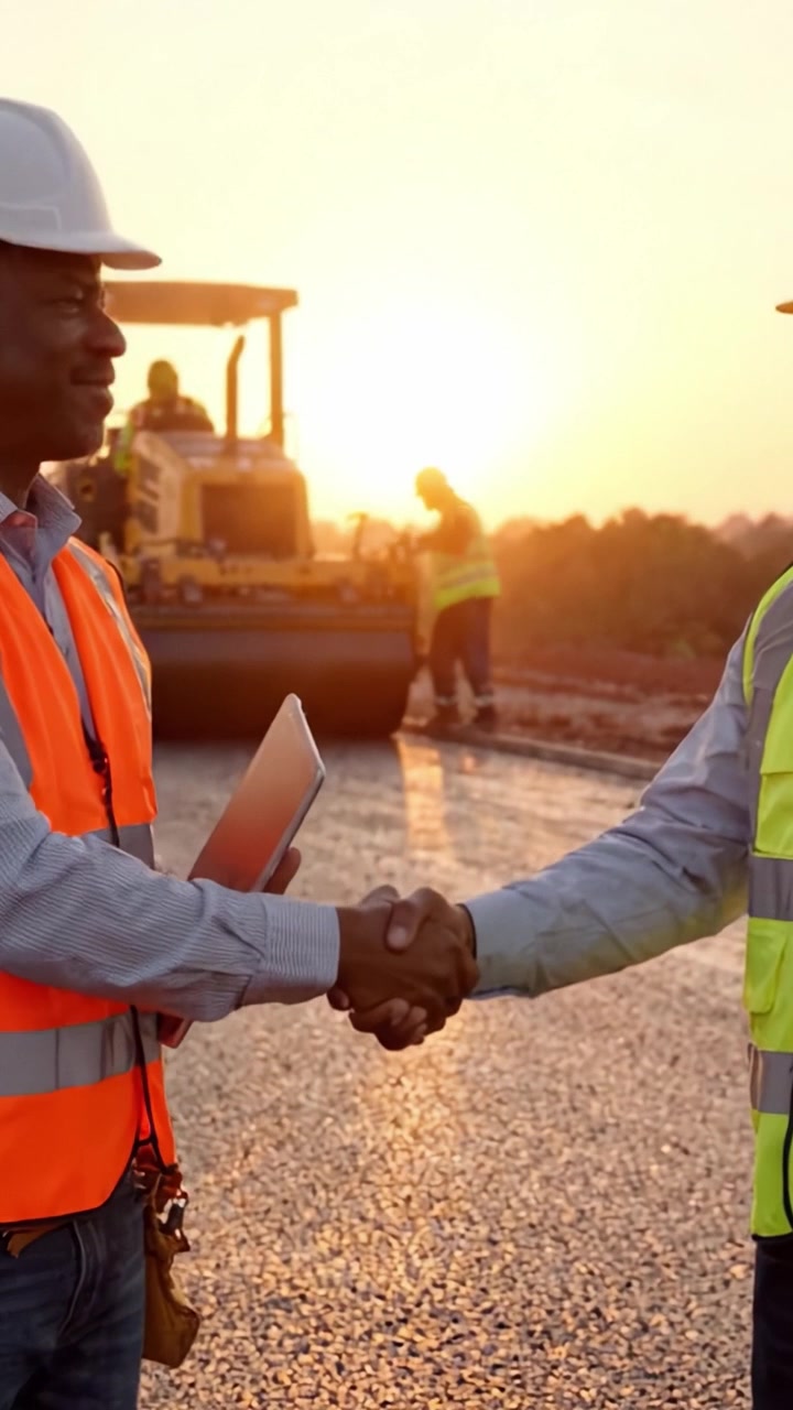 Construction Workers Shaking Hands and Overseeing Road Project at Sunset, Symbolizing Collaboration and Progress in the Infrastructure Industry