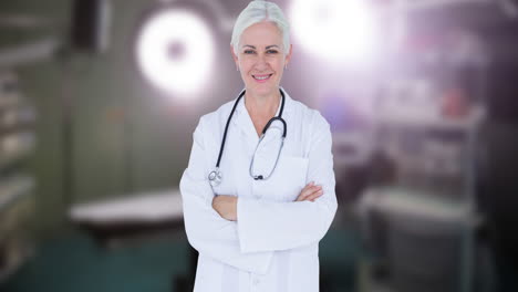 animación de una doctora caucásica sonriente con un estetoscopio sobre la habitación del cirujano