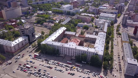 aerial view of a city campus with parking lots